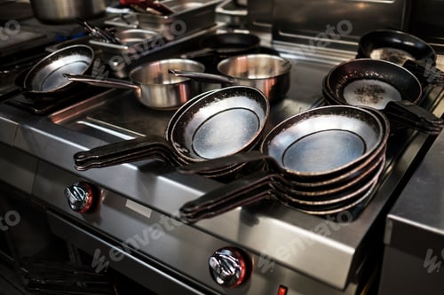 Preview: Metal black pans on restaurant kitchen