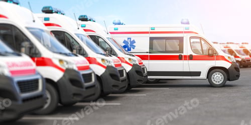 Preview: Ambulance cars in a row on a parking.