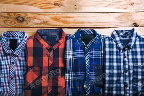 Preview: Plaid Flannel Shirts Arranged on Wood Surface
