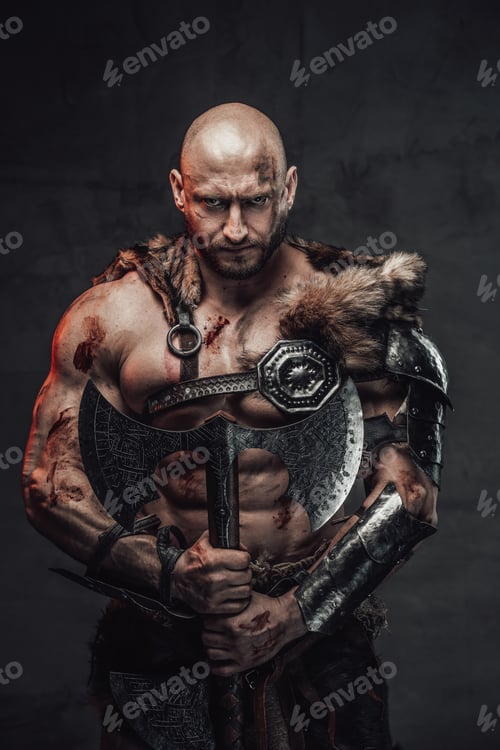 Preview: Muscular and grimy viking with hairless head and huge axe