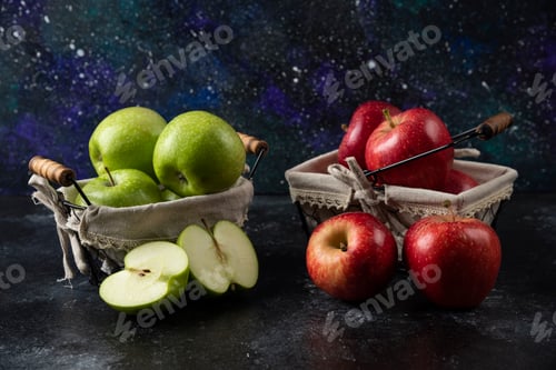 Preview: Ripe organic red and green apples in metal baskets