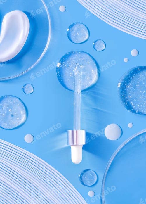 Preview: serum pipette smear of cream round transparent drop of transparent gel petri dish on blue background