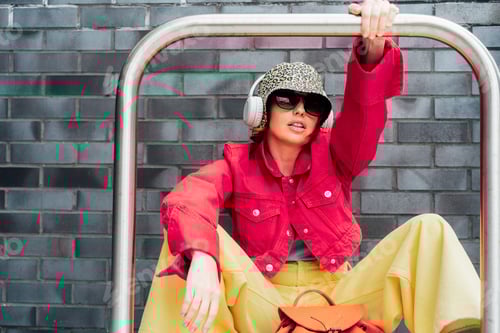 Preview: Hipster fashion young woman in viva magenta jacket, hat, sunglasses. Color of the 2023 year.