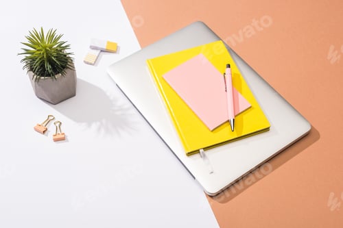 Preview: high angle view of laptop, notebooks, pen, plant, erasers, paper clips and paper