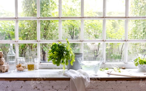Preview: Eggs and washed vegetable by the glass window