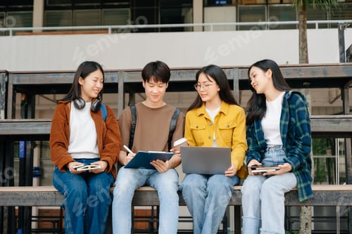 Preview: Young Asian People college students and a female student group work at the campus park in morning