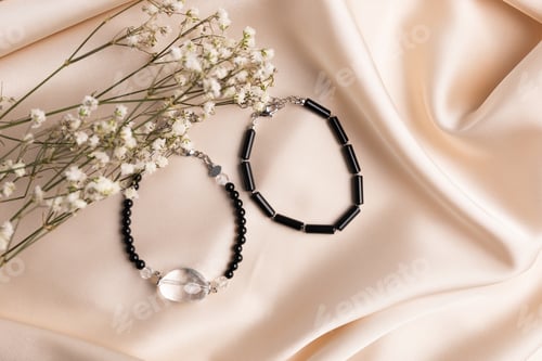 Preview: Bracelets made of natural stones. Natural mineral texture jewellery. Bijouterie and handmade