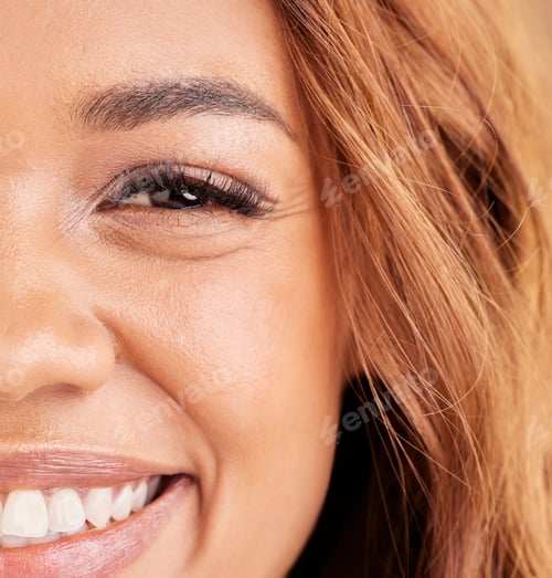 Preview: Face, eye and smile with woman closeup for beauty, natural skincare or luxury cosmetics. Portrait,