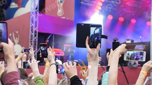 Preview: Group Of Young People Enjoying Outdoor Music Festival. Close-up rear view of crowd on concert. Funny