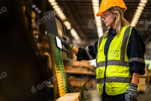 Preview: woman worker carpenter checking the quality of wooden products a