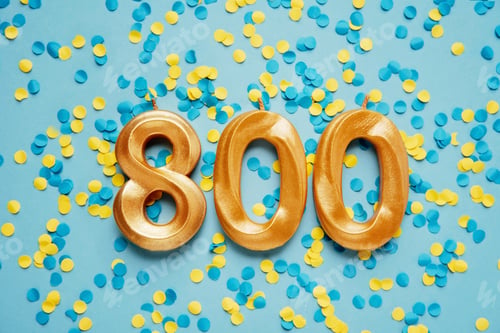 Preview: 800 eight hundred followers card golden birthday candle on Festive Background.