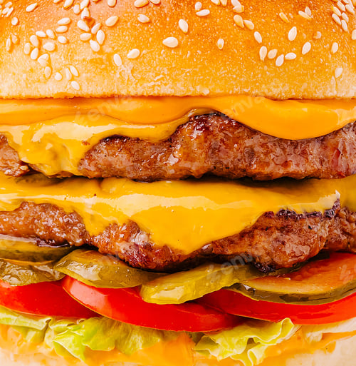 Preview: Juicy cheeseburger with layers of cheese, lettuce, and tomato in focus