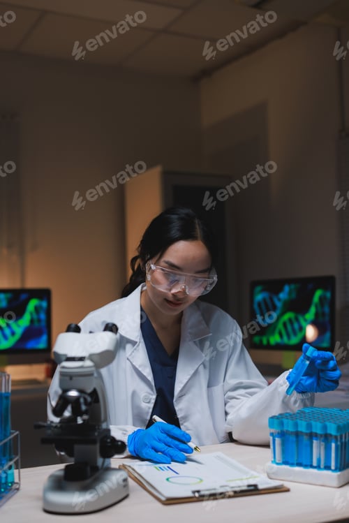Preview: Woman scientist analyzing dna research data in laboratory