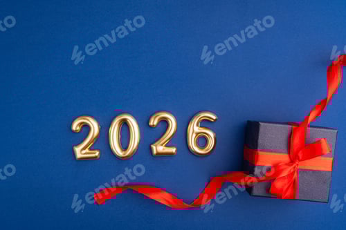 Visualização: Celebração de 2026 com caixa de presente e balões dourados