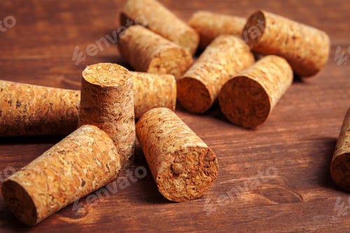 Preview: Wine corks on wooden background. creative photo