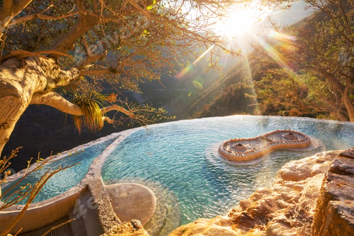 Mineral Hot Springs with Sunlight over Hillside