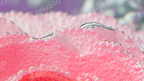 Preview: Close-up of delicate rose petals with bubbles. Stock footage. Beautiful pink rose petals underwater