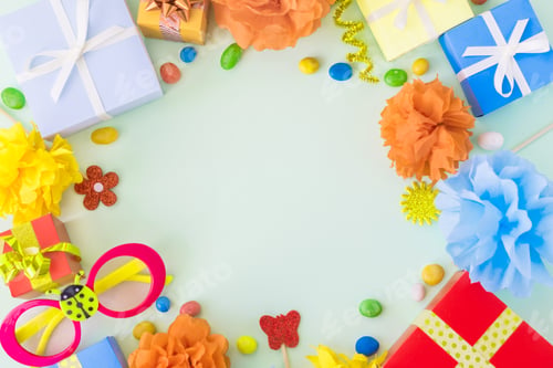 Preview: Birthday party background with festive decor, carnival glasses, ribbons, gift boxes, garland