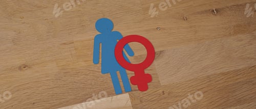 Preview: Panoramic closeup shot of a blue and red female icons on a wooden background