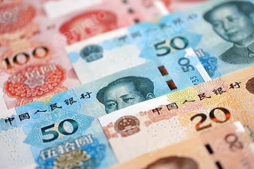 Preview: Many money bills of People Republic of China. PRC Yuan banknotes