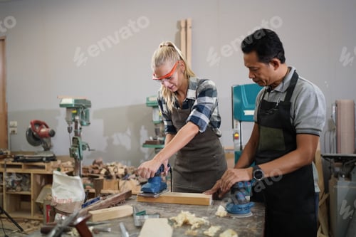 Preview: Carpenters Assembling Furniture, Small business in wood DIY workplace office background