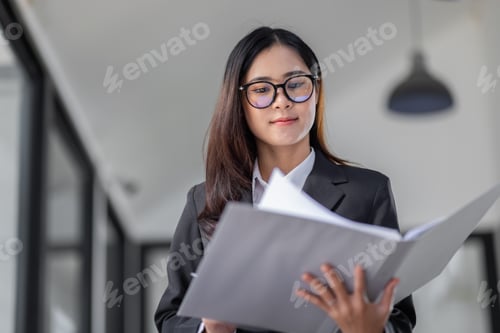 Preview: Portrait of cheerful young Asian business woman holding document folder and gets brilliant idea in
