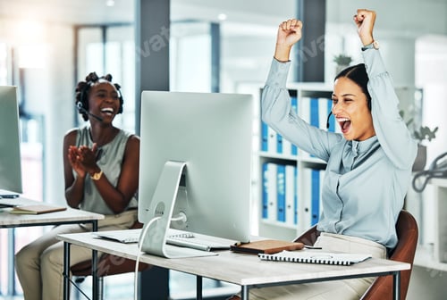 Preview: Excited, celebrating and working customer service agent happy about job success and promotion. Call