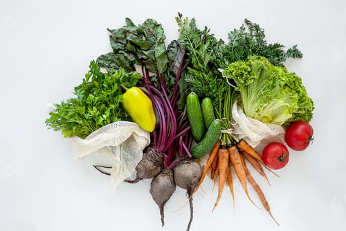 Preview: Food from above top view Eco-friendly farm products organic vegetables in mesh bags white background