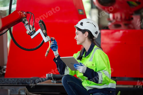 Preview: Female technician modern factory, Technical of robot operation department. Engineer worker use table
