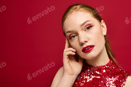 Preview: Captivating young woman with striking makeup against a vibrant red backdrop