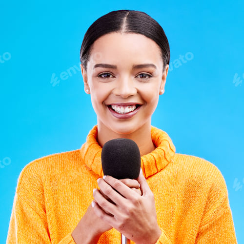 Preview: Happy, microphone and portrait of woman in studio for singing, karaoke and journalist. Reporter, ne