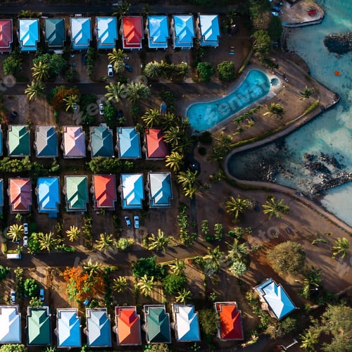 Preview: Aerial view of the cabins and pool from a bird's eye view on the island of Mauritius