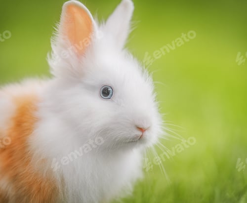 Preview: Fluffy rabbit portrait on fresh grass, capturing the charm of nature and small pet photography.