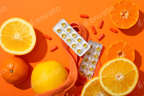 Preview: Vitamin C, in tablets, plates with oranges, on the table.