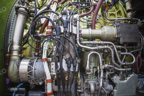 Preview: airplane engine side view close up, green filter applied
