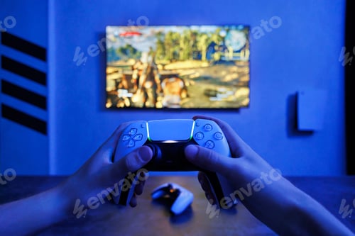 Preview: Male hand holding a game joystick controller, front view.