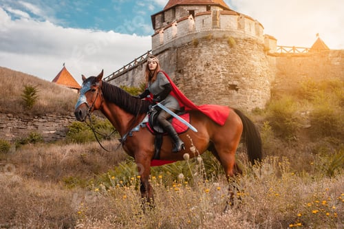Preview: A beautiful girl in the costume of the warrior queen. A woman on horseback with a sword in her hand