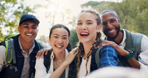 Preview: Selfie, hiking and people with smile, diversity and bonding together with journey. Face, outdoor an