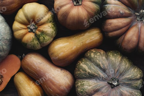 Preview: Toned autumn background with pile of pumpkins