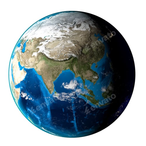 Preview: Planet Earth with clouds, Asia. White background. 3d Render