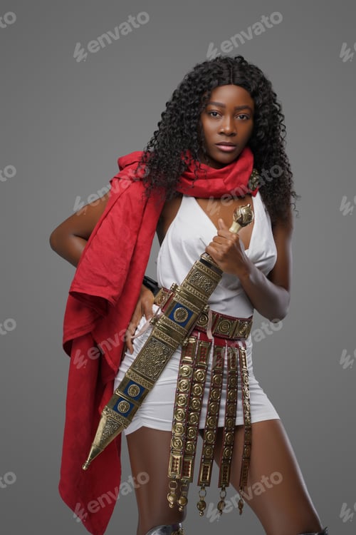 Preview: Ancient black woman with sword against gray background