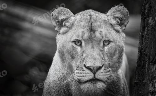 Preview: Black and white image of a lion standing by the tree with a blurred background