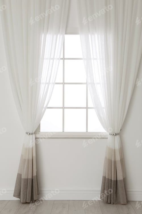 Preview: White wall with modern window and curtains indoors. Living room interior