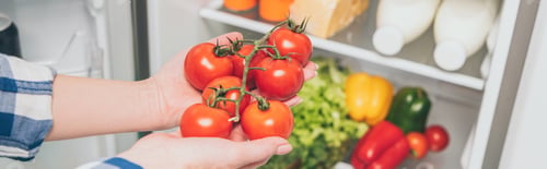 Preview: cropped view of woman holding tomatoes near open fridge with fresh food on shelves, panoramic shot