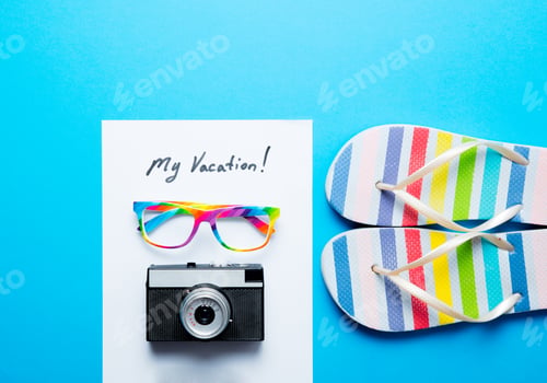 Preview: paper My Vacation, camera, glasses and sandals