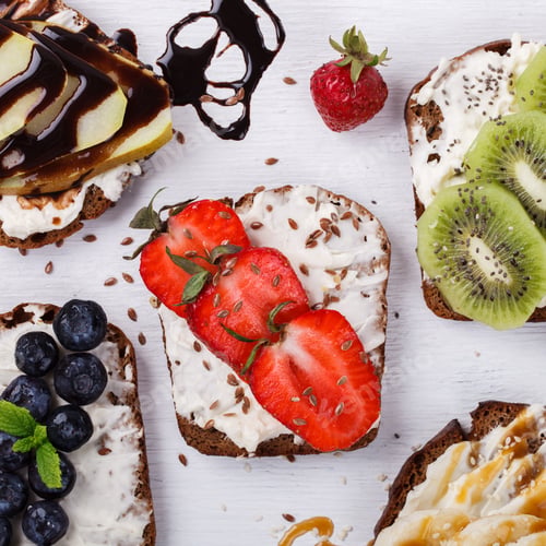Preview: Set sweet sandwiches with cream-cheese and fresh berries and fruit