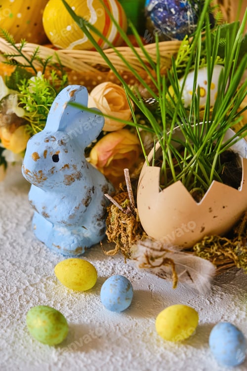 Preview: Happy easter day on april, Easter eggs and candy bunny