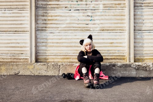 Preview: Young diverse woman sitting outdoors with 3d viewer dissociated reality