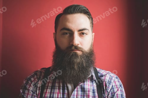 Preview: Portrait of young bearded man, red background