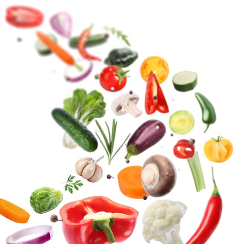 Preview: Fresh vegetables, herbs and spices in air on white background